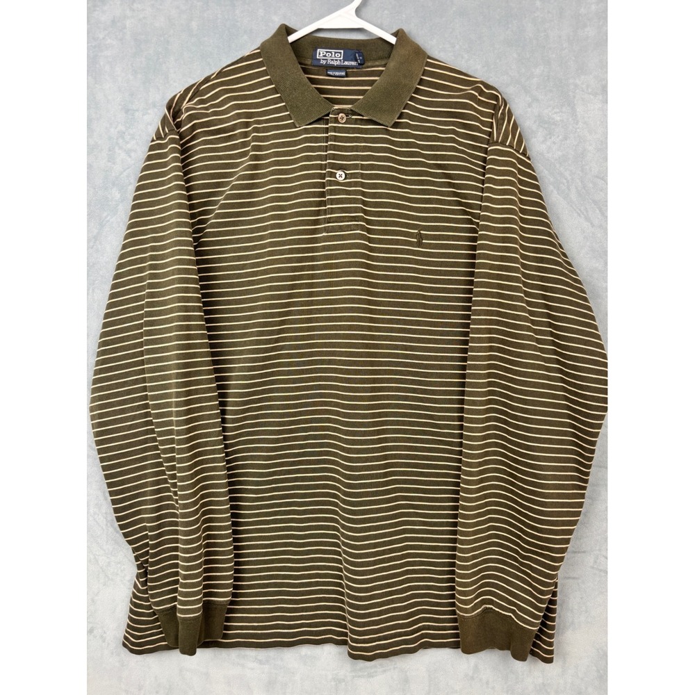 Polo Ralph Lauren Mens XL Long Sleeve Polo Shirt Olive Green Striped Cotton